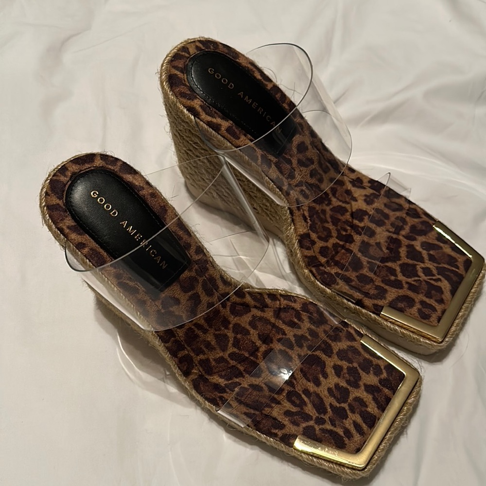 Good American Leopard Print Espadrilles Square Toe Wedges Size 8.5
